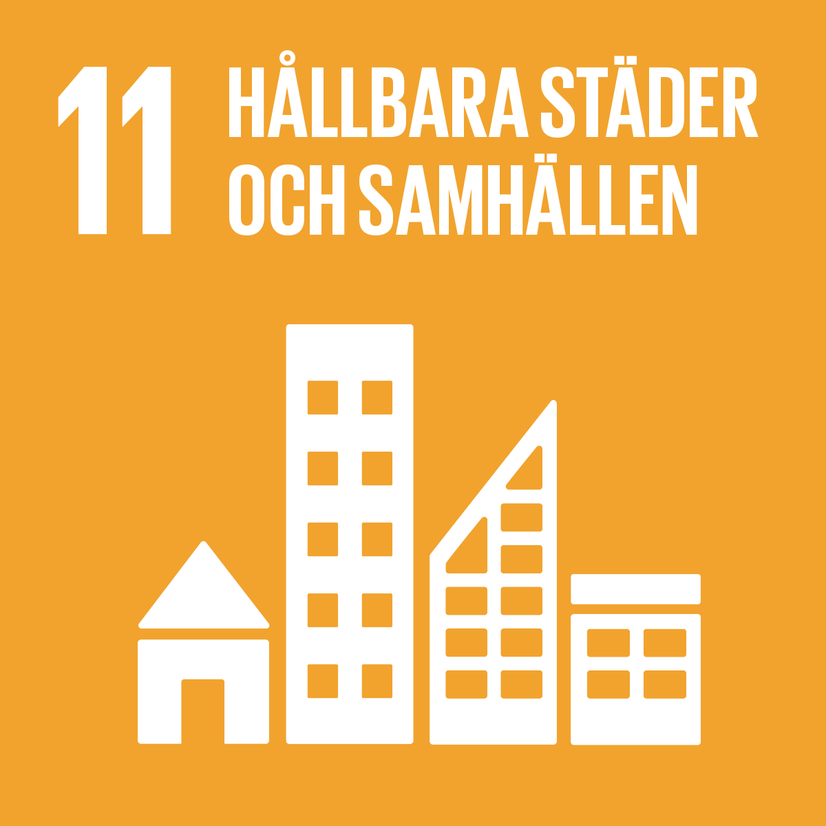 En illustration av FNs 11e globala mål med texten hållbara städer och samhällen